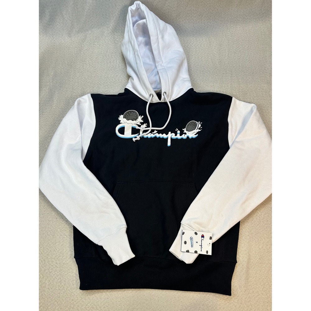 Champion Oreo Hoodie Mens M Black White Cotton Reverse Weave Pullover Streetwear
